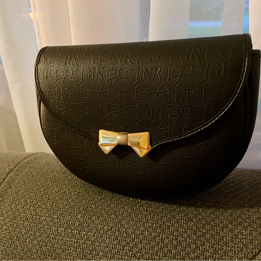 Nina Ricci Black Embossed Shoulder Bag with Gold Accents